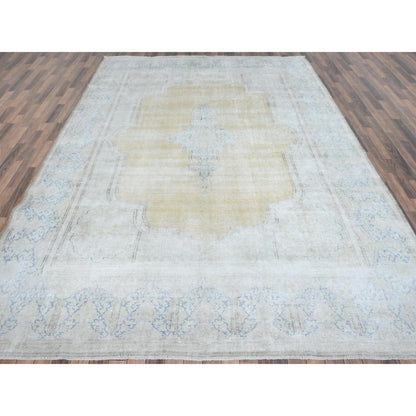 Overdyed & Vintage Worn Wool Hand Knotted Rug Beige Denim Blue 9.7X12.8 -O081256