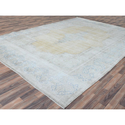 Overdyed & Vintage Worn Wool Hand Knotted Rug Beige Denim Blue 9.7X12.8 -O081256