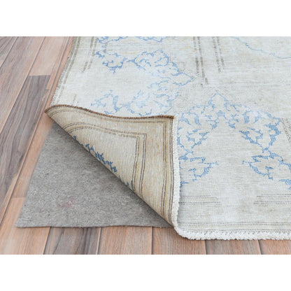 Overdyed & Vintage Worn Wool Hand Knotted Rug Beige Denim Blue 9.7X12.8 -O081256