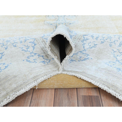Overdyed & Vintage Worn Wool Hand Knotted Rug Beige Denim Blue 9.7X12.8 -O081256