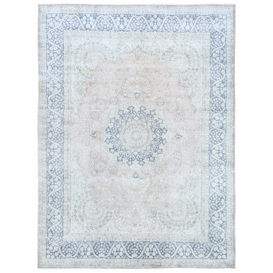 Overdyed & Vintage Worn Wool Hand Knotted Rug Red Denim Blue 10.2X13.4 -O081258