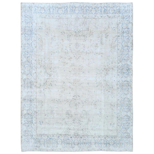 Overdyed & Vintage Worn Wool Hand Knotted Rug Ivory Denim Blue 9.6X12.6 -O081259