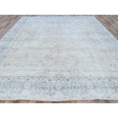 Overdyed & Vintage Worn Wool Hand Knotted Rug Ivory Denim Blue 9.6X12.6 -O081259