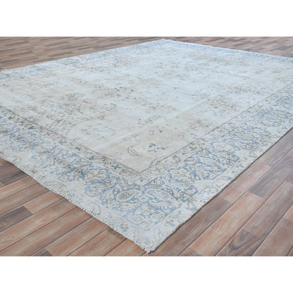 Overdyed & Vintage Worn Wool Hand Knotted Rug Ivory Denim Blue 9.6X12.6 -O081259