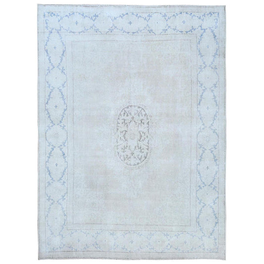 Overdyed & Vintage Worn Wool Hand Knotted Rug Beige Navy Blue 7.9X10.7 -O081268