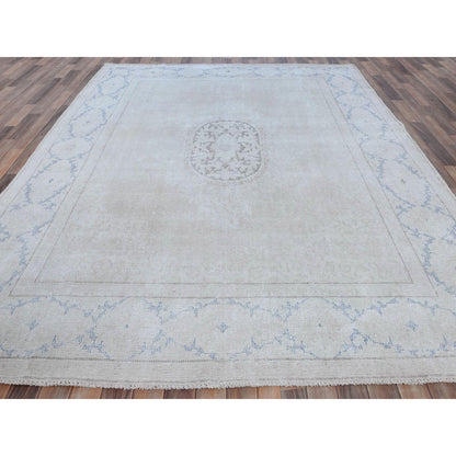 Overdyed & Vintage Worn Wool Hand Knotted Rug Beige Navy Blue 7.9X10.7 -O081268