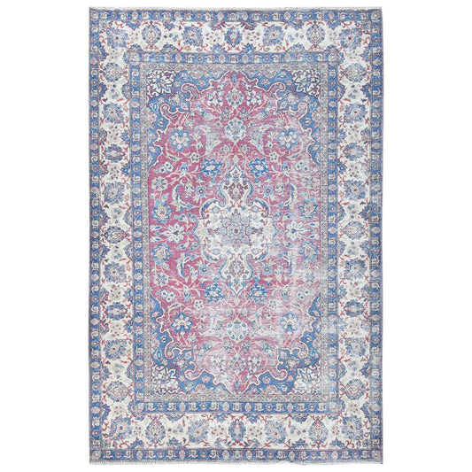 Overdyed & Vintage Worn Wool Hand Knotted Rug Red Ivory 6.1X9.6 -O081269