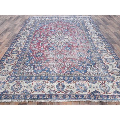 Overdyed & Vintage Worn Wool Hand Knotted Rug Red Ivory 6.1X9.6 -O081269