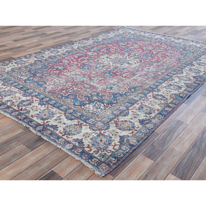 Overdyed & Vintage Worn Wool Hand Knotted Rug Red Ivory 6.1X9.6 -O081269