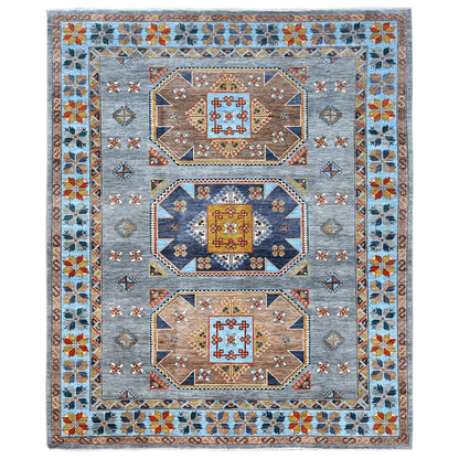 Tribal & Geometric Wool Hand Knotted Rug Grey Light Blue 9.0X11.9 -O081273