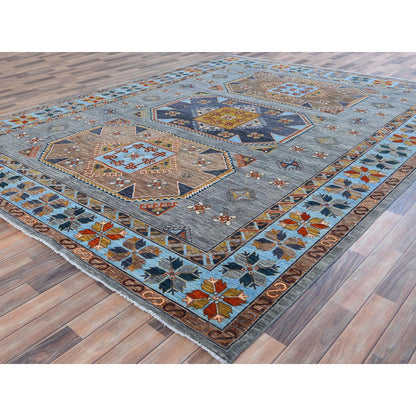 Tribal & Geometric Wool Hand Knotted Rug Grey Light Blue 9.0X11.9 -O081273