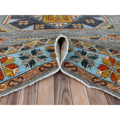 Tribal & Geometric Wool Hand Knotted Rug Grey Light Blue 9.0X11.9 -O081273