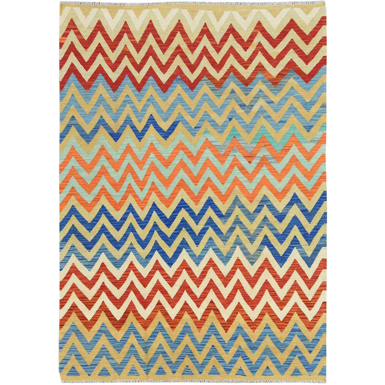 Ivory 6'6" x 9'3" Flat Weave Multicolored Hand woven Wool Rug -O081585