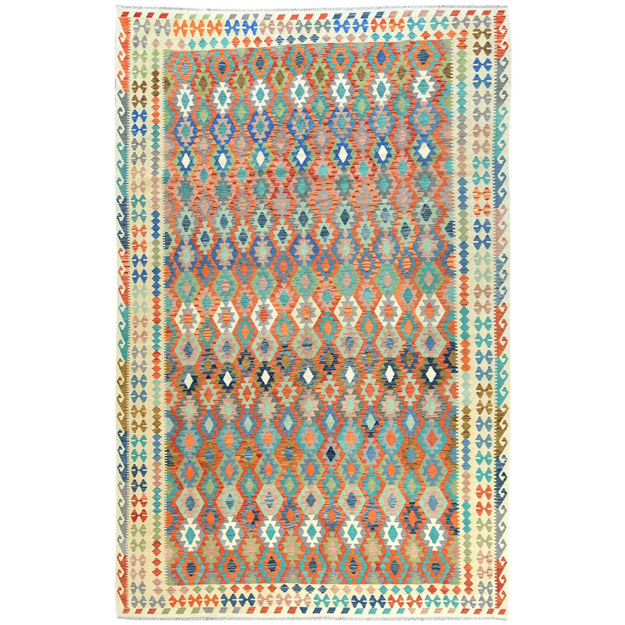 Ivory 10'4" x 16'1" Flat Weave Multicolored Hand woven Wool Rug -O081593