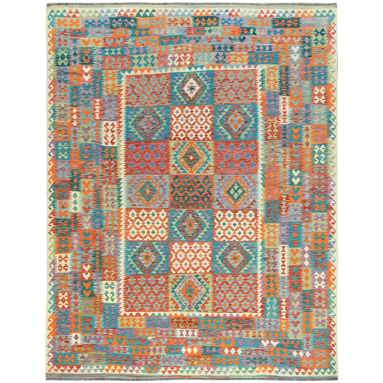 Ivory 9'9" x 13'0" Flat Weave Multicolored Hand woven Wool Rug -O081597