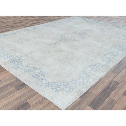 Overdyed & Vintage Worn Wool Hand Knotted Rug Ivory Denim Blue 9.8X12.10 -O081607