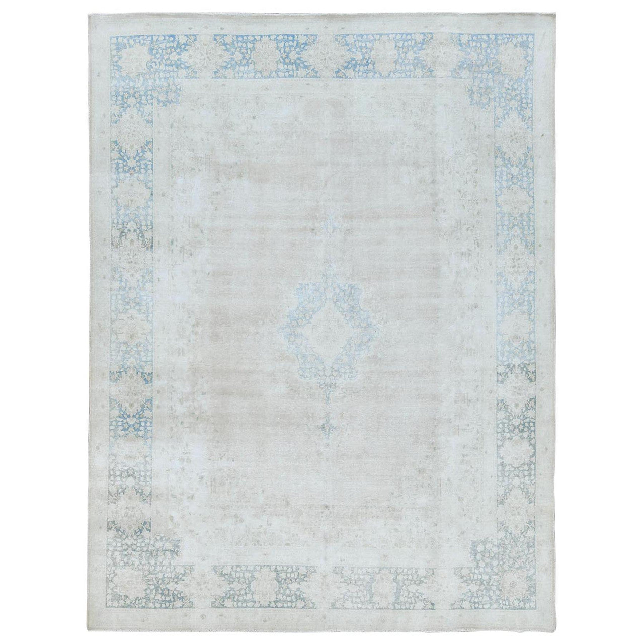 Overdyed & Vintage Worn Wool Hand Knotted Rug Ivory Navy Blue 9.5X12.6 -O081609