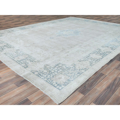 Overdyed & Vintage Worn Wool Hand Knotted Rug Ivory Navy Blue 9.5X12.6 -O081609