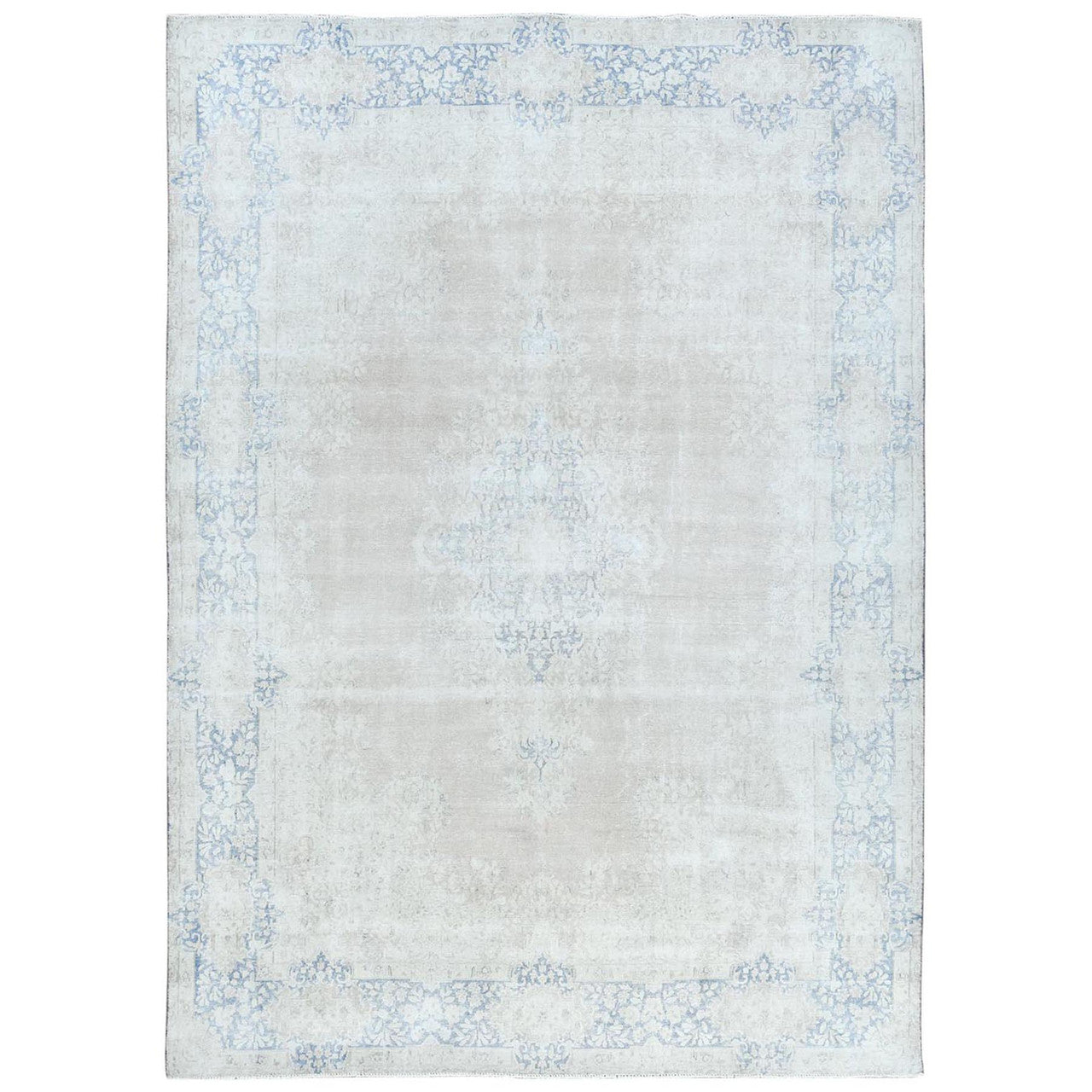 Overdyed & Vintage Worn Wool Hand Knotted Rug Beige Denim Blue 9.7X13.2 -O081628