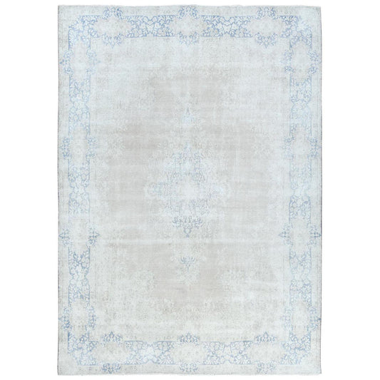 Overdyed & Vintage Worn Wool Hand Knotted Rug Beige Denim Blue 9.7X13.2 -O081628
