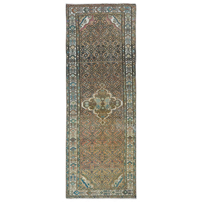 Overdyed & Vintage Wool Hand Knotted Rug Brown Ivory 3.3X9.2 -O081638