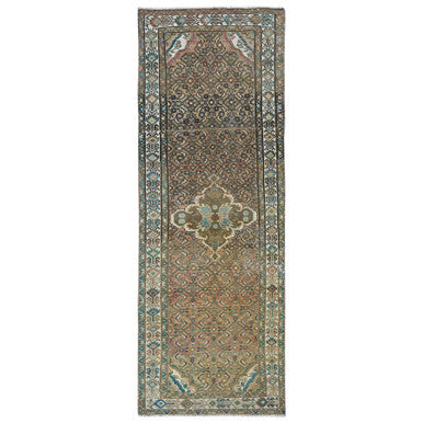 Overdyed & Vintage Wool Hand Knotted Rug Brown Ivory 3.3X9.2 -O081638
