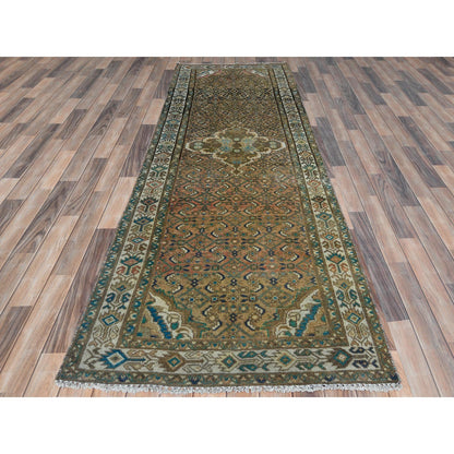Overdyed & Vintage Wool Hand Knotted Rug Brown Ivory 3.3X9.2 -O081638