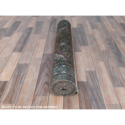 Overdyed & Vintage Wool Hand Knotted Rug Brown Ivory 3.3X9.2 -O081638