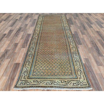 Overdyed & Vintage Wool Hand Knotted Rug Red Ivory 3.2X9.4 -O081646