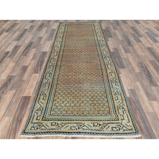 Overdyed & Vintage Wool Hand Knotted Rug Red Ivory 3.2X9.4 -O081646
