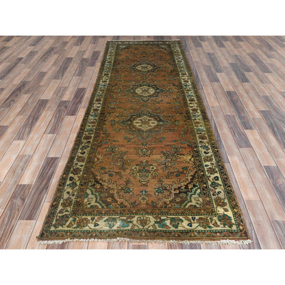 Overdyed & Vintage Wool Hand Knotted Rug Brown Ivory 3.3X9.8 -O081649