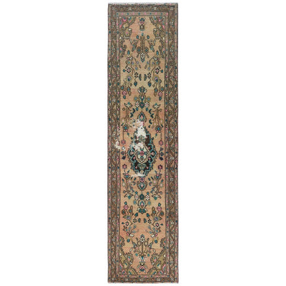 Overdyed & Vintage Wool Hand Knotted Rug Brown Almond Brown 2.1X8.9 -O081653