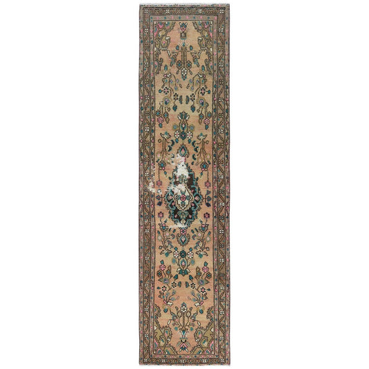 Overdyed & Vintage Wool Hand Knotted Rug Brown Almond Brown 2.1X8.9 -O081653