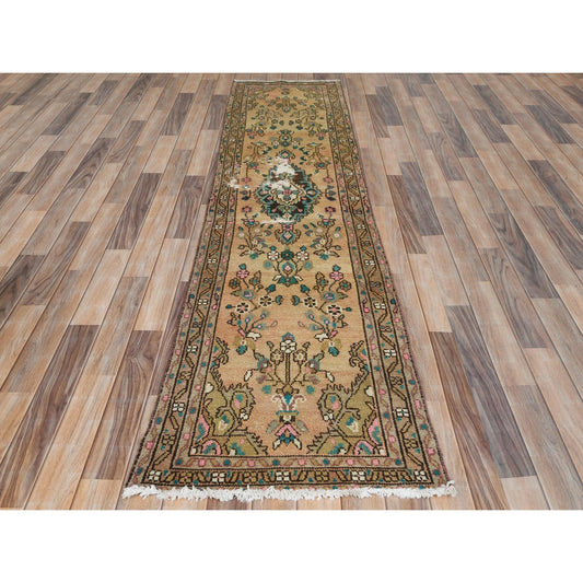 Overdyed & Vintage Wool Hand Knotted Rug Brown Almond Brown 2.1X8.9 -O081653