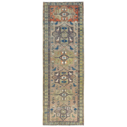 Overdyed & Vintage Wool Hand Knotted Rug Brown Green 3.4X10.3 -O081657