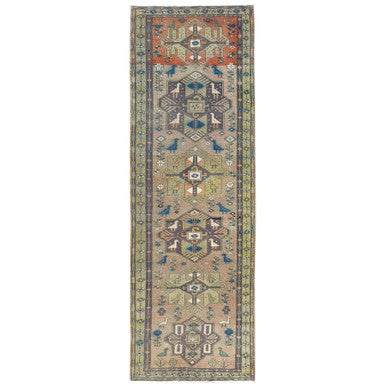 Overdyed & Vintage Wool Hand Knotted Rug Brown Green 3.4X10.3 -O081657