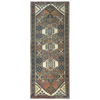 Overdyed & Vintage Wool Hand Knotted Rug Brown Navy Blue 4.0X10.0 -O081659