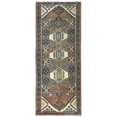 Overdyed & Vintage Wool Hand Knotted Rug Brown Navy Blue 4.0X10.0 -O081659