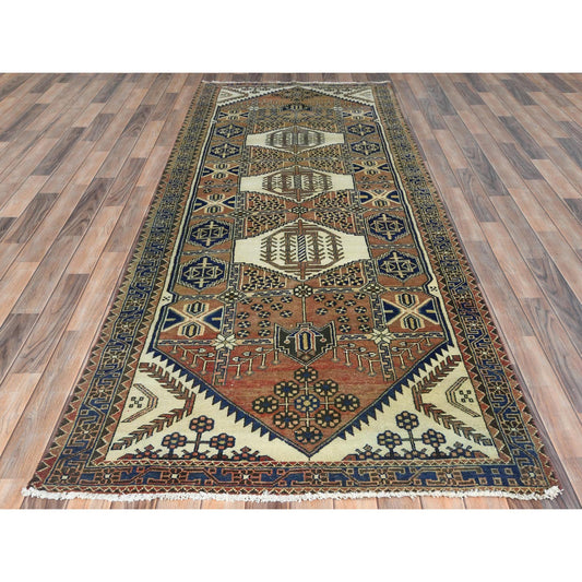 Overdyed & Vintage Wool Hand Knotted Rug Brown Navy Blue 4.0X10.0 -O081659