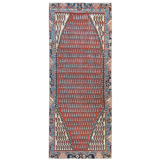 Overdyed & Vintage Wool Hand Knotted Rug Red Denim Blue 3.7X9.3 -O081661