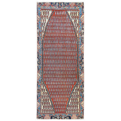 Overdyed & Vintage Wool Hand Knotted Rug Red Denim Blue 3.7X9.3 -O081661