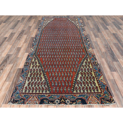 Overdyed & Vintage Wool Hand Knotted Rug Red Denim Blue 3.7X9.3 -O081661