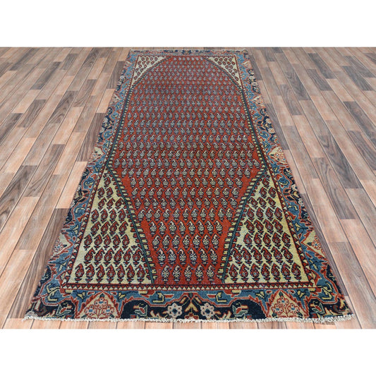Overdyed & Vintage Wool Hand Knotted Rug Red Denim Blue 3.7X9.3 -O081661