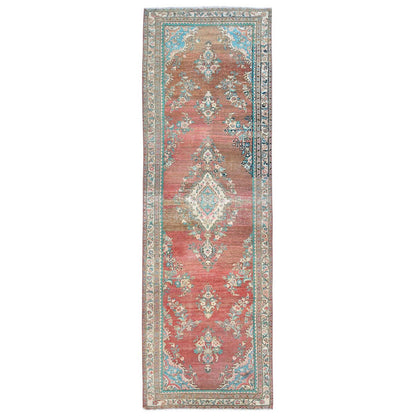 Overdyed & Vintage Wool Hand Knotted Rug Red Ivory 3.9X12.3 -O081663