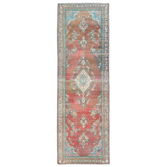 Overdyed & Vintage Wool Hand Knotted Rug Red Ivory 3.9X12.3 -O081663