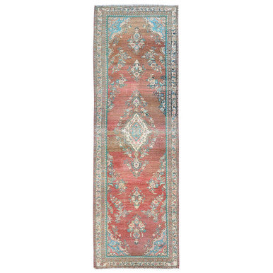 Overdyed & Vintage Wool Hand Knotted Rug Red Ivory 3.9X12.3 -O081663