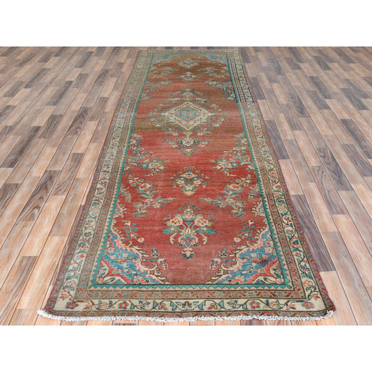 Overdyed & Vintage Wool Hand Knotted Rug Red Ivory 3.9X12.3 -O081663