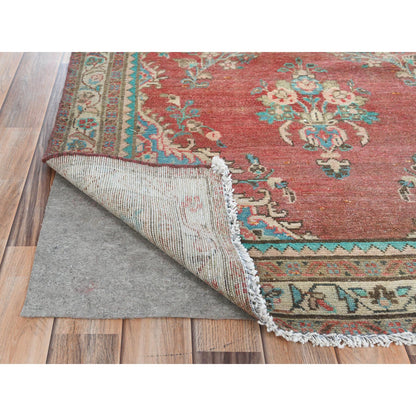 Overdyed & Vintage Wool Hand Knotted Rug Red Ivory 3.9X12.3 -O081663