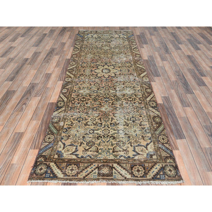 Overdyed & Vintage Wool Hand Knotted Rug Brown Sand Color 3.3X9.9 -O081669