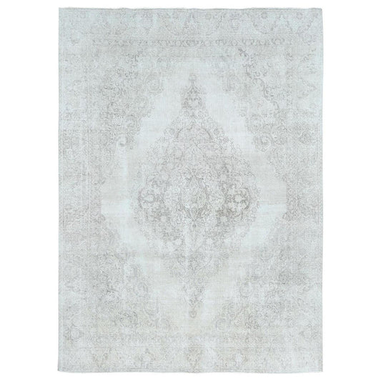 Overdyed & Vintage Worn Wool Hand Knotted Rug Ivory Ivory 8.10X12.4 -O081689